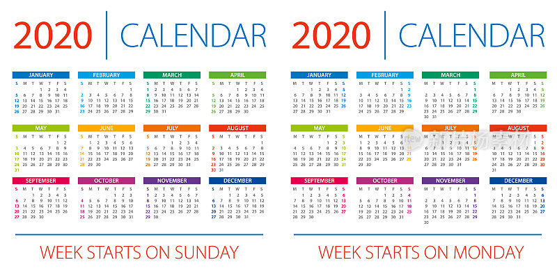 日历2020 -插图。周从周日开始，周从周一开始